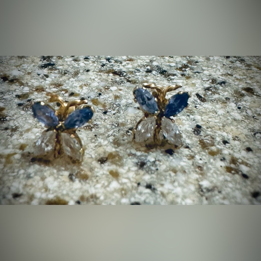 14K Solid Gold Butterfly Stud Earrings with Blue & Clear CZ Stones - Picture 4 of 4